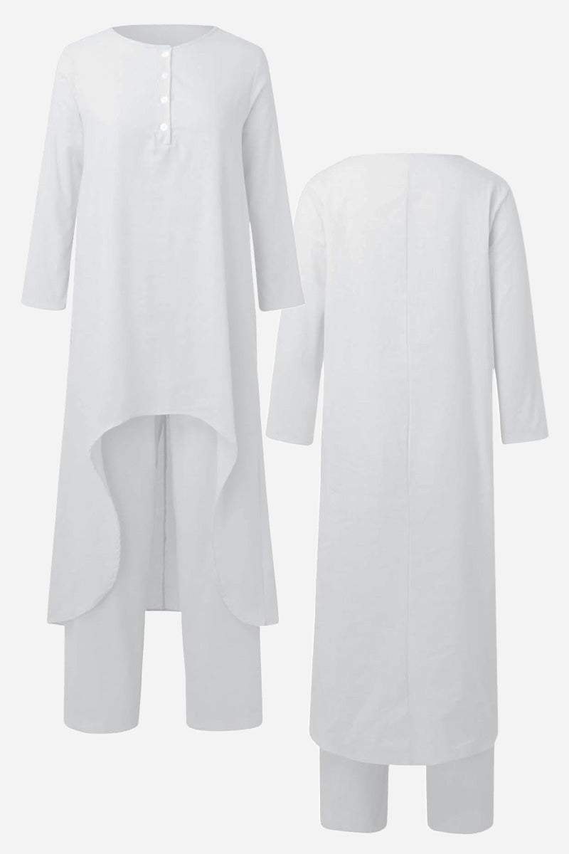 Breathable and featherlight white two-piece lounge set with long sleeves and asymmetrical tunic top