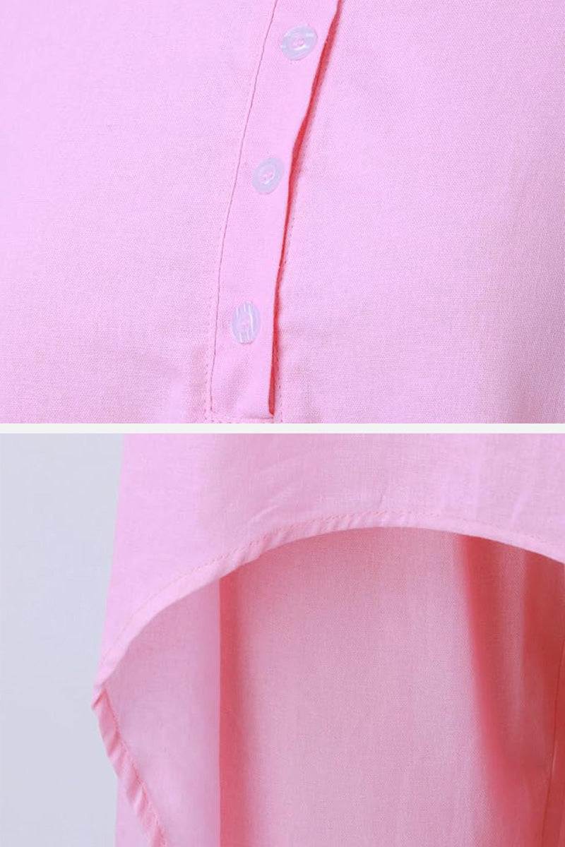 Close-up of breathable and featherlight pink fabric lounge set details with buttons and curved hem