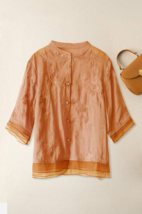 Sheer embroidered button-up top in cotton linen Tuscany blend with layered cuffs and hem