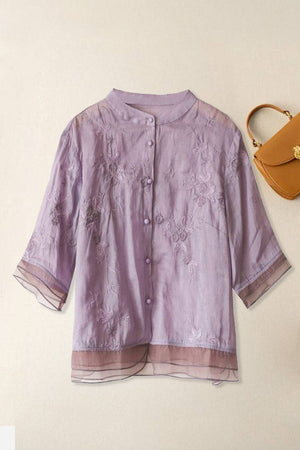 Light purple embroidered cotton linen Tuscany sheer top with layered hem and buttons
