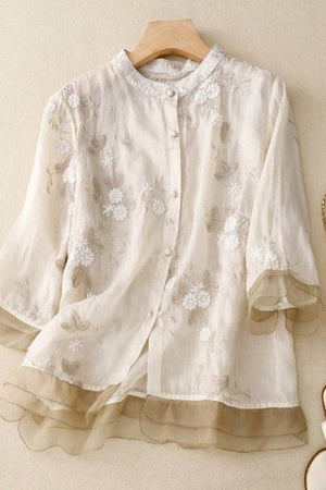 Sheer embroidered button-up top with layered cuffs in cotton linen Tuscany fabric