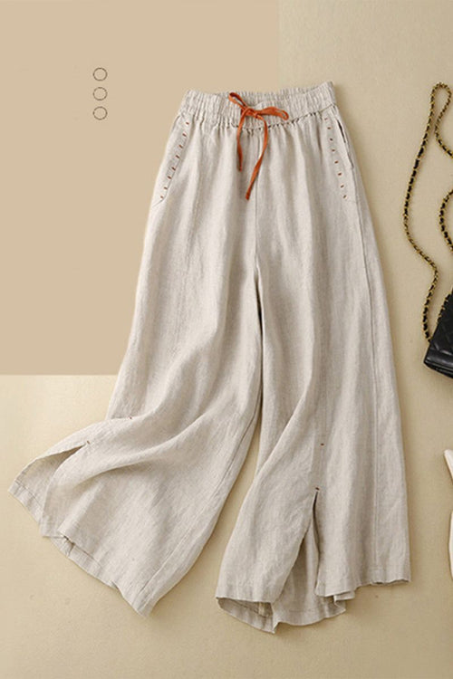 Wide-leg cotton linen Tuscany trousers with elastic waistband and drawstring detail