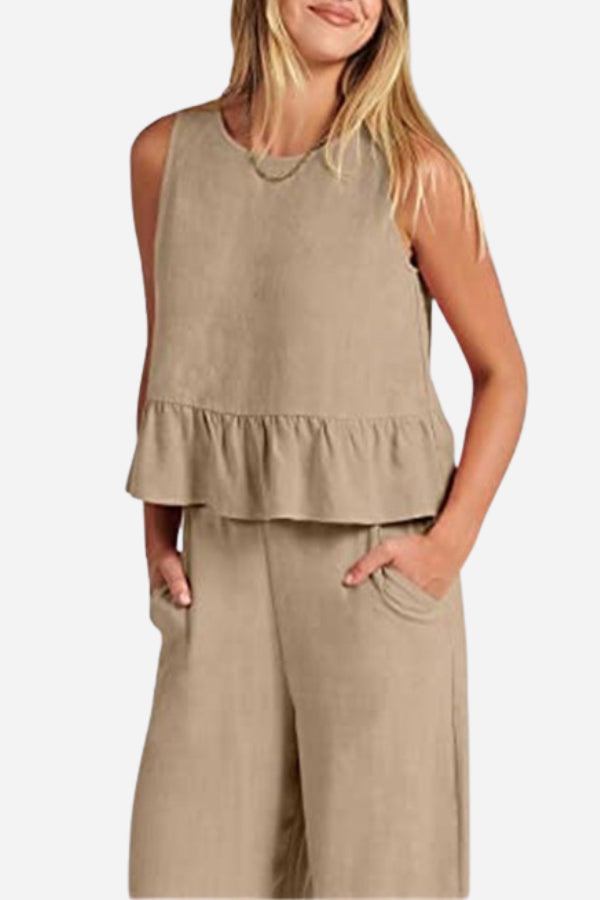 woman wearing beige linen-like feel sleeveless top and matching wide-leg pants set