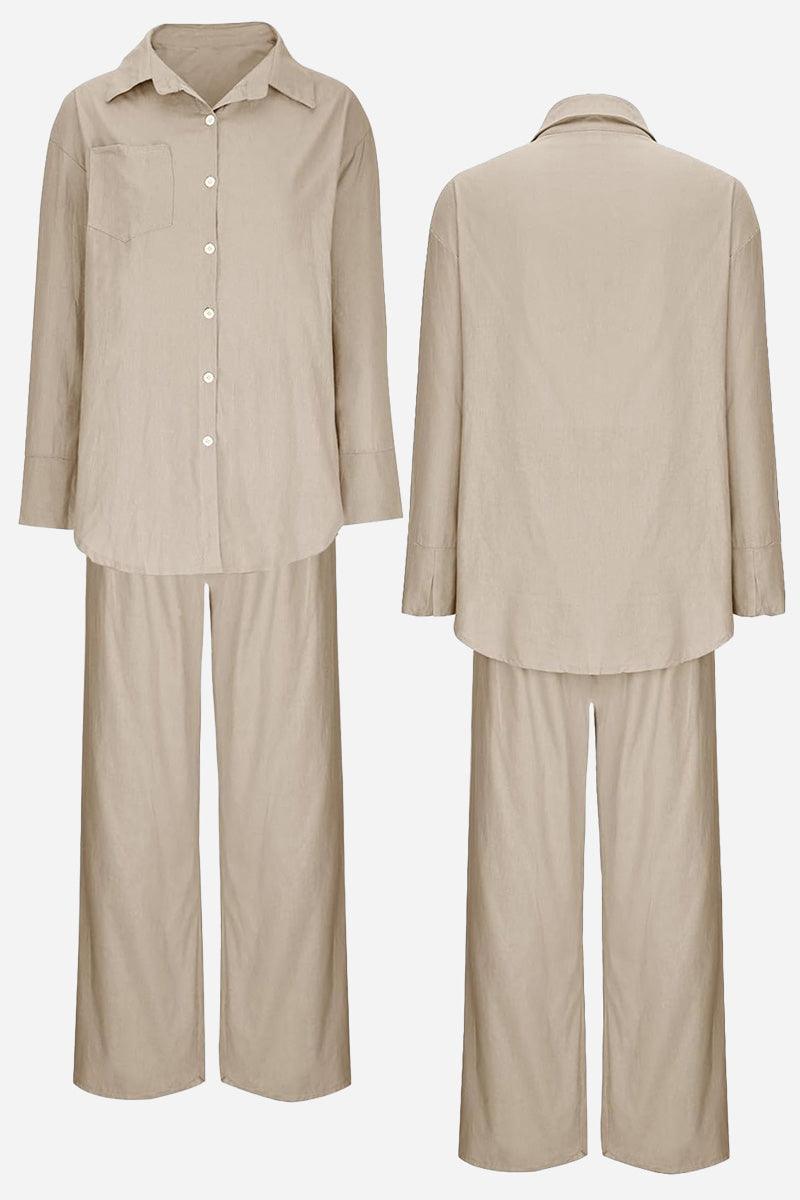Beige Vacation Essentials Cotton Set with button-up shirt and wide-leg pants, shown front and back, made from breathable cotton blend.