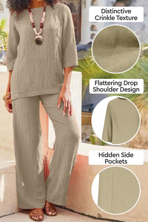 Women's textured two-piece set in khaki with crinkle fabric, drop shoulder design, and hidden side pockets for a comfortable, elegant look.