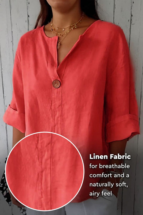 Coral pure linen age-defying shirt with button detail, breathable and soft fabric, relaxed fit for comfort and elegance