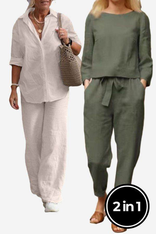 Two women modeling Casual Chic Duo breathable natural fabric two-piece sets, one in white relaxed shirt and trousers, the other in green linen monochrome top and pants, shown with 2 in 1 mix and match style.
