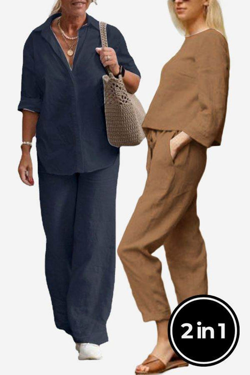 Two women wearing breathable Casual Chic Duo mix and match two-piece linen and cotton sets, one navy relaxed shirt and trousers, the other brown loose top and pants.