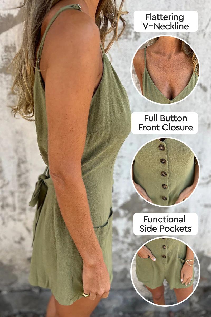 100 pure linen breathable jumpsuit with V-neckline, button-front closure, and side pockets in olive green