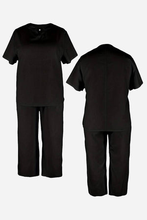 Black breezy cotton blend two-piece set with short-sleeve top and elastic waist pants, front and back view