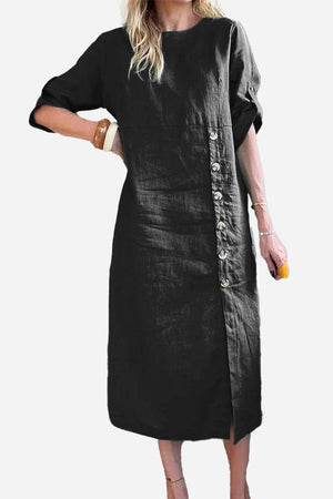 Black Pure Cotton Elegance dress with 3/4 sleeves and button detail on front side