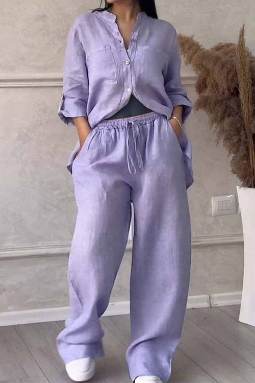 Lavender 100% cotton relaxed fit two-piece Double Comfort Set with button-up top and drawstring pants.