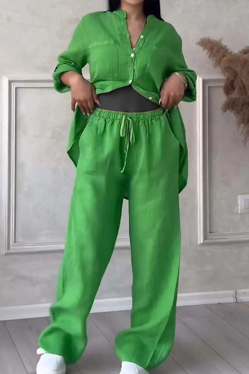 Green 100% cotton double comfort two-piece set with relaxed fit and drawstring pants