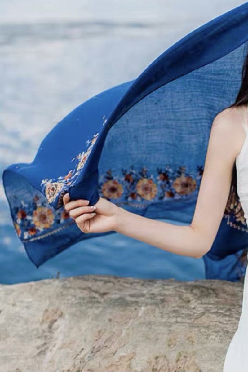 Blue embroidered travel-must shawl lightweight breathable versatile wrap with floral design
