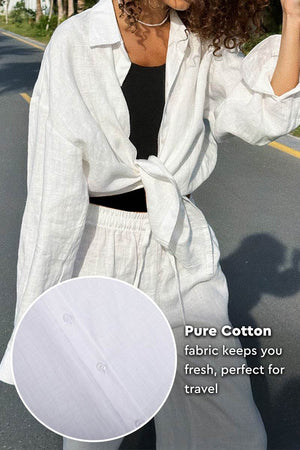 woman wearing white 100 cotton wanderlust two piece set with breathable fabric perfect for travel