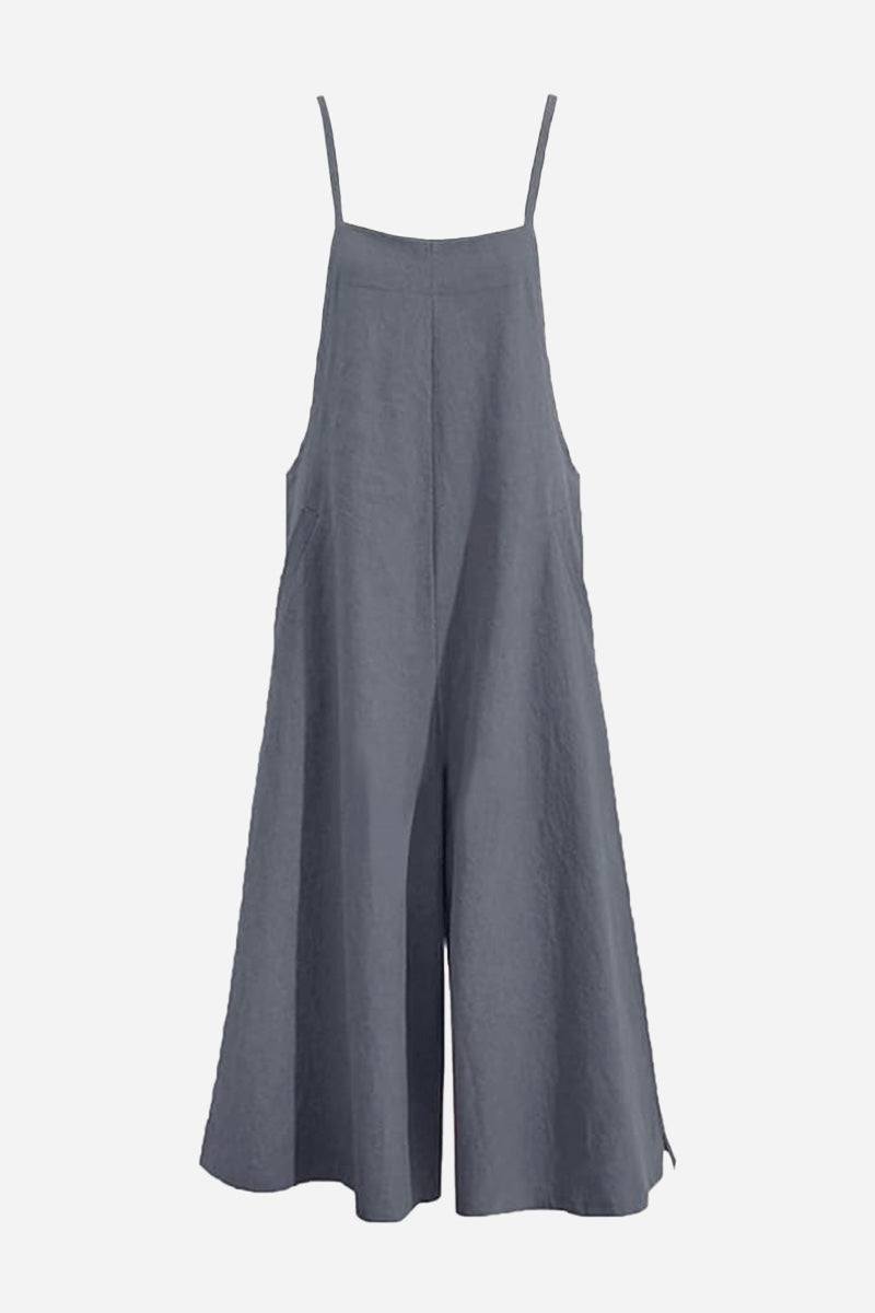 Women's gray cotton blend comfort jumpsuit with wide-leg design and adjustable straps for breathable, casual style