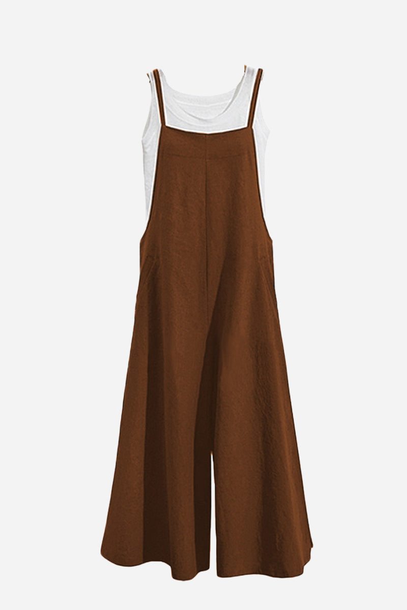 Brown cotton blend comfort jumpsuit with wide-leg design and adjustable straps on white background