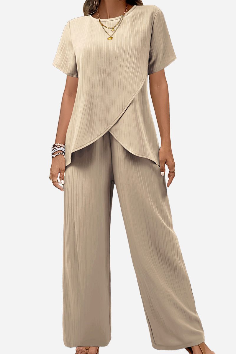 Beige textured elegance two-piece set with asymmetrical top and wide-leg pants for comfortable, stylish wear