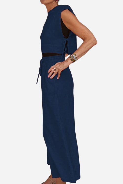 Breathable cotton-linen blend navy two-piece sleeveless top and wide-leg pants summer outfit