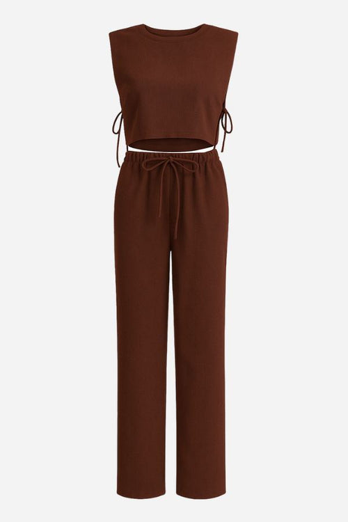 breathable cotton-linen blend brown sleeveless two-piece outfit with drawstring pants