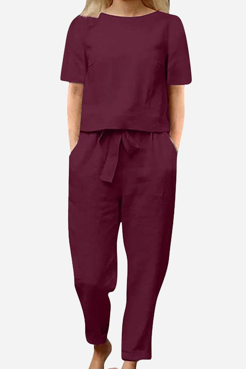 Burgundy cotton-linen blend two-piece set with short-sleeve top and relaxed fit pants