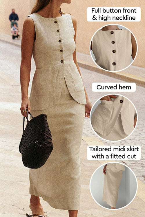 Women’s sleeveless cotton-linen blend vest with button front and high neckline paired with a tailored midi skirt featuring a curved hem and fitted cut in khaki color