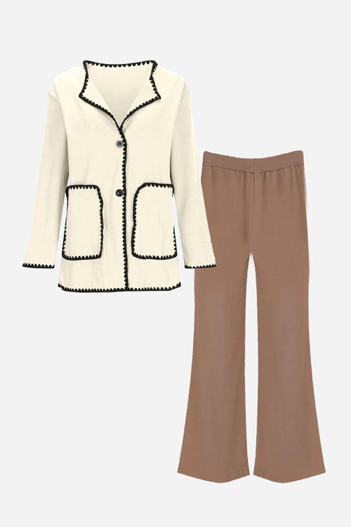 Women's mix and match contrast-trim knit cardigan set with pockets and matching brown pants