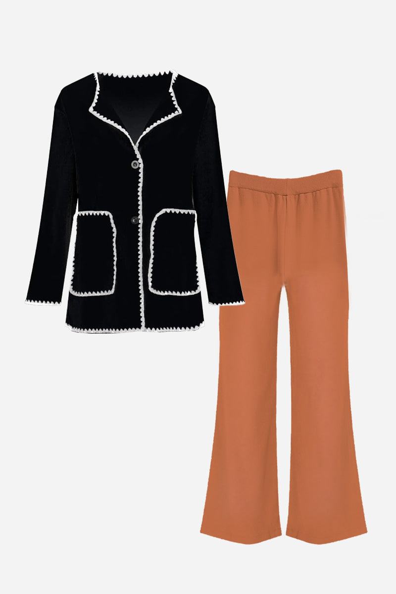 Black contrast-trim knit cardigan with matching rust-colored pants set for comfortable all-day wear