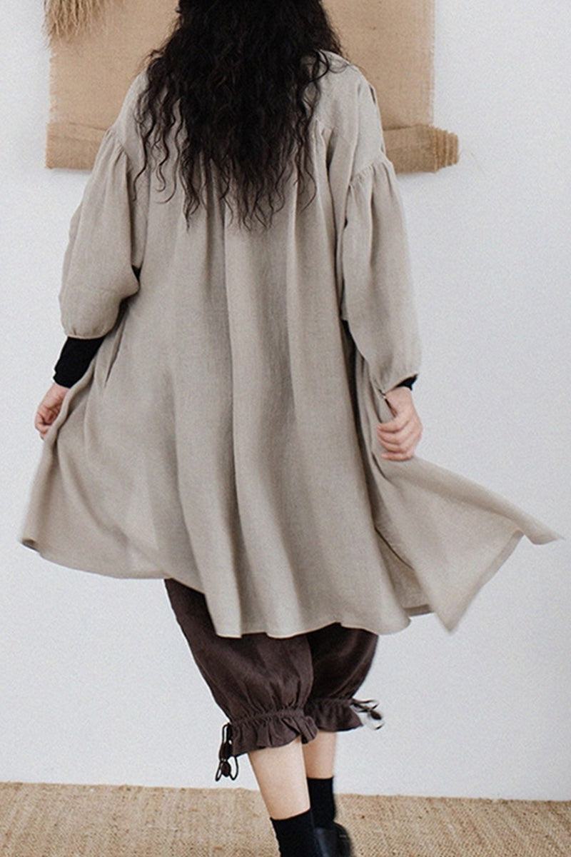 100 linen oversized button-down tunic in neutral grey with flowy sleeves and relaxed fit