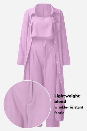 Pink relaxed fit shirt and trouser three-piece set in lightweight wrinkle-resistant fabric