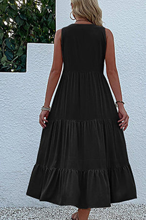 Bohemian tiered midi dress black sleeveless flowing lightweight summer style