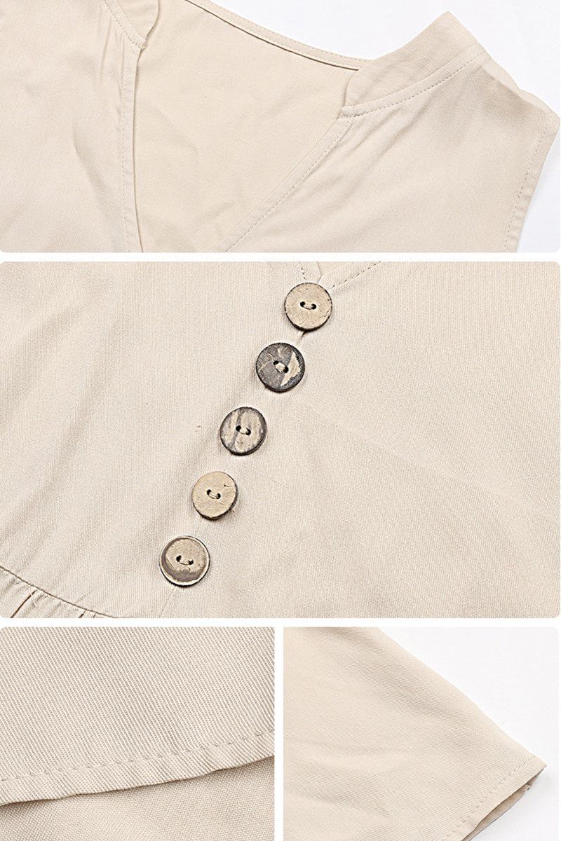 Close-up of beige Bohemian tiered midi dress with V-neck and button detail on lightweight viscose fabric.