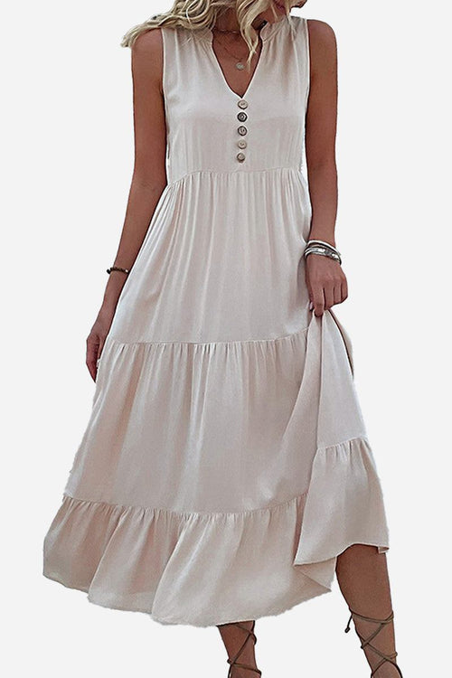 Bohemian tiered midi dress with V-neck and button detail in light beige flowing viscose fabric