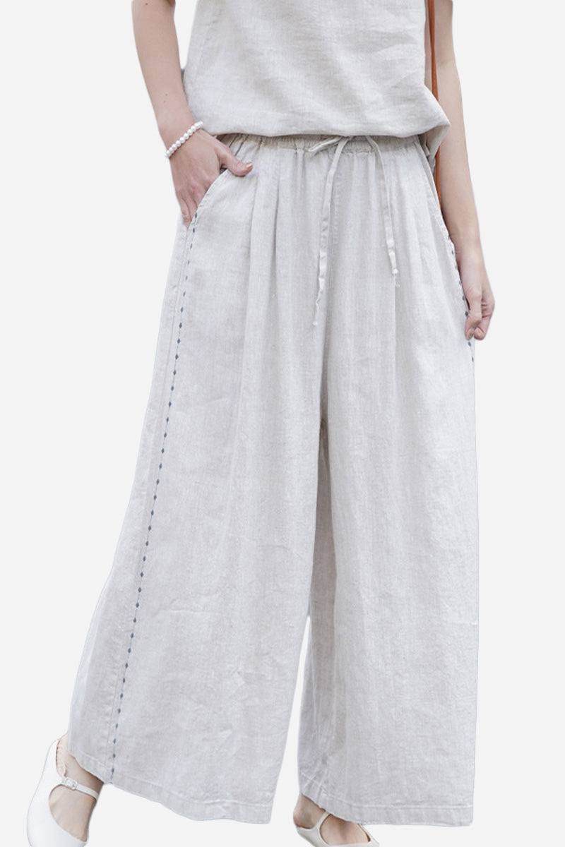 100% linen wide-leg pants with elastic waist and relaxed fit for all-day comfort and breathability
