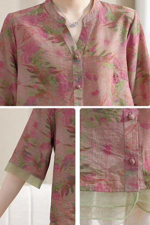 French boutique style organza floral print blouse with lightweight, breathable fabric and elegant design