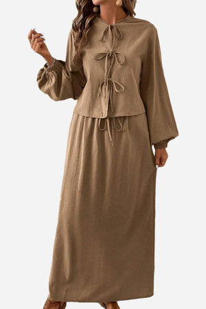 100 cotton long-sleeve crop top and maxi skirt set in brown breathable fabric with tie-front detail