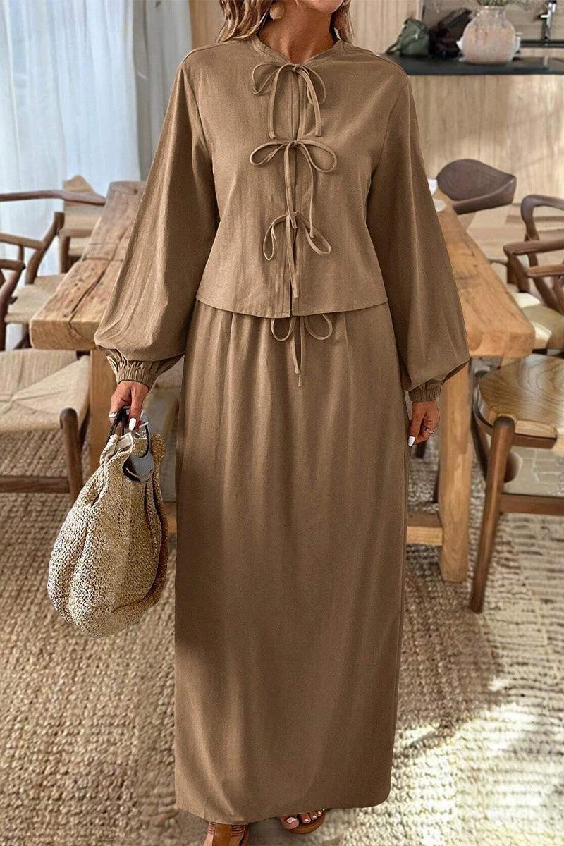 100 cotton long-sleeve crop top and maxi skirt set in brown breathable fabric