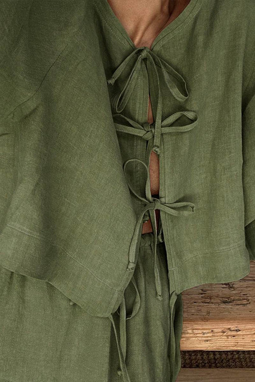 100 cotton long-sleeve crop top and maxi skirt set with tie-front detail in olive green