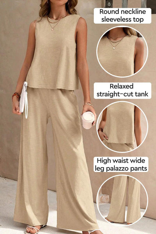 Beige sleeveless wide leg pants set with round neckline top and high waist palazzo pants for comfortable travel and casual style