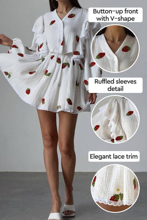 Sweet Countryside 100% cotton two-piece set with ruffled sleeves, button-up V-neck top, and lace-trimmed skirt featuring strawberry print