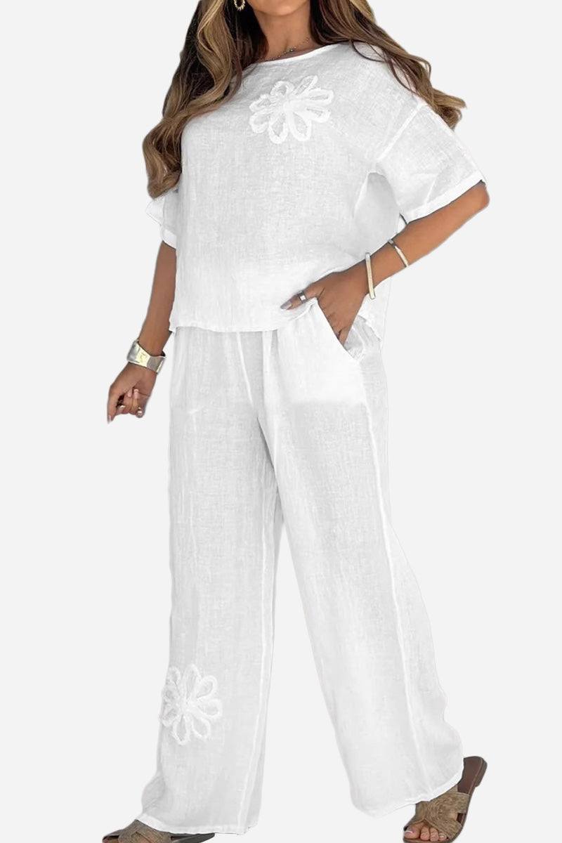 White Riviera Petal two piece set with breathable fabric and floral embroidery design