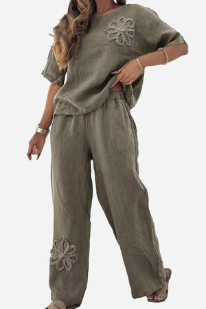 Olive green breathable two piece set with floral embroidery and relaxed fit for comfortable all-day wear