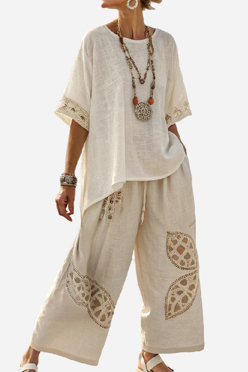 Woman wearing Coastal Comfort Linen two-piece set with lace details and wide-leg pants in beige
