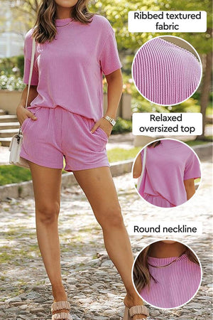 Woman wearing pink ribbed textured relaxed oversized top and shorts set for slow mornings outdoors in casual setting