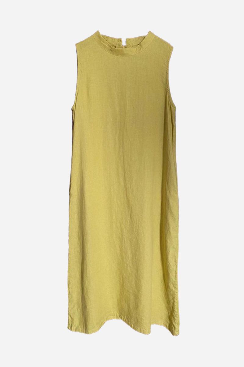 Sunrise Market 100% linen sleeveless midi dress in light yellow with relaxed A-line silhouette