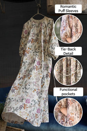 Italian Summers 100% Linen maxi dress with floral print, romantic puff sleeves, tie-back detail, and functional pockets