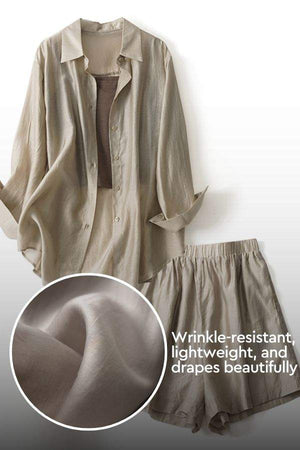 Soft Mornings wrinkle-free shirt and shorts set in breathable beige fabric with smooth drape and lightweight texture