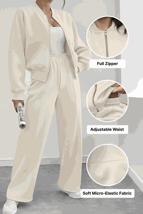 The Voyager Zip Set cream zip-front sweatshirt and wide-leg joggers with adjustable waist and soft micro-elastic fabric for comfortable travel and versatile style