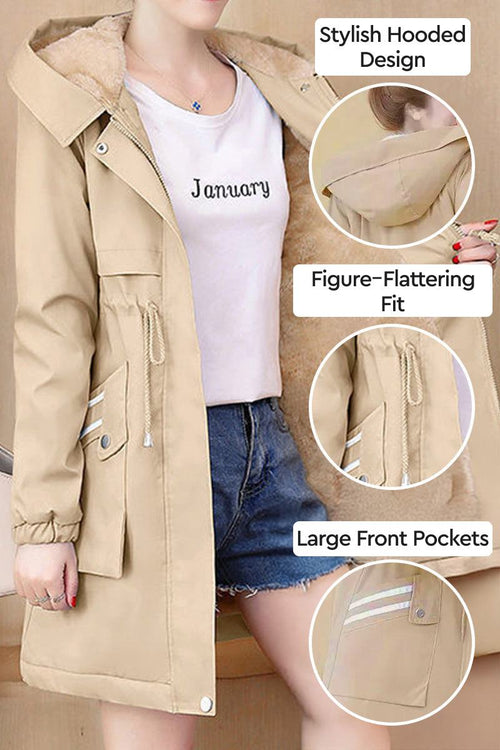 Cityscape Comfort Hooded Windbreaker beige mid-length coat with plush lining, stylish hood, figure-flattering fit, and large front pockets.