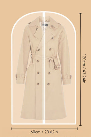 Waterproof dustproof clothing cover protecting a beige trench coat with full-length zipper and dimensions 60cm by 120cm